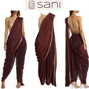 Sani Tara Dhoti Set in Burgundy and Gold sz XS NWT 480$